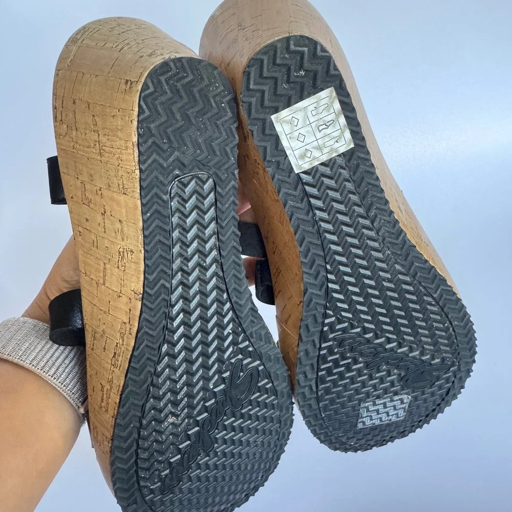 Skechers Luxe Foam Black Wedge Sandals Adjustable‎ Strap Comfortable Shoes Sz 10